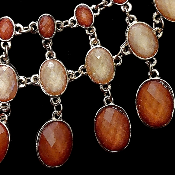 Silver Bib Necklace with Cream and Orange Gems - Picture 5 of 8